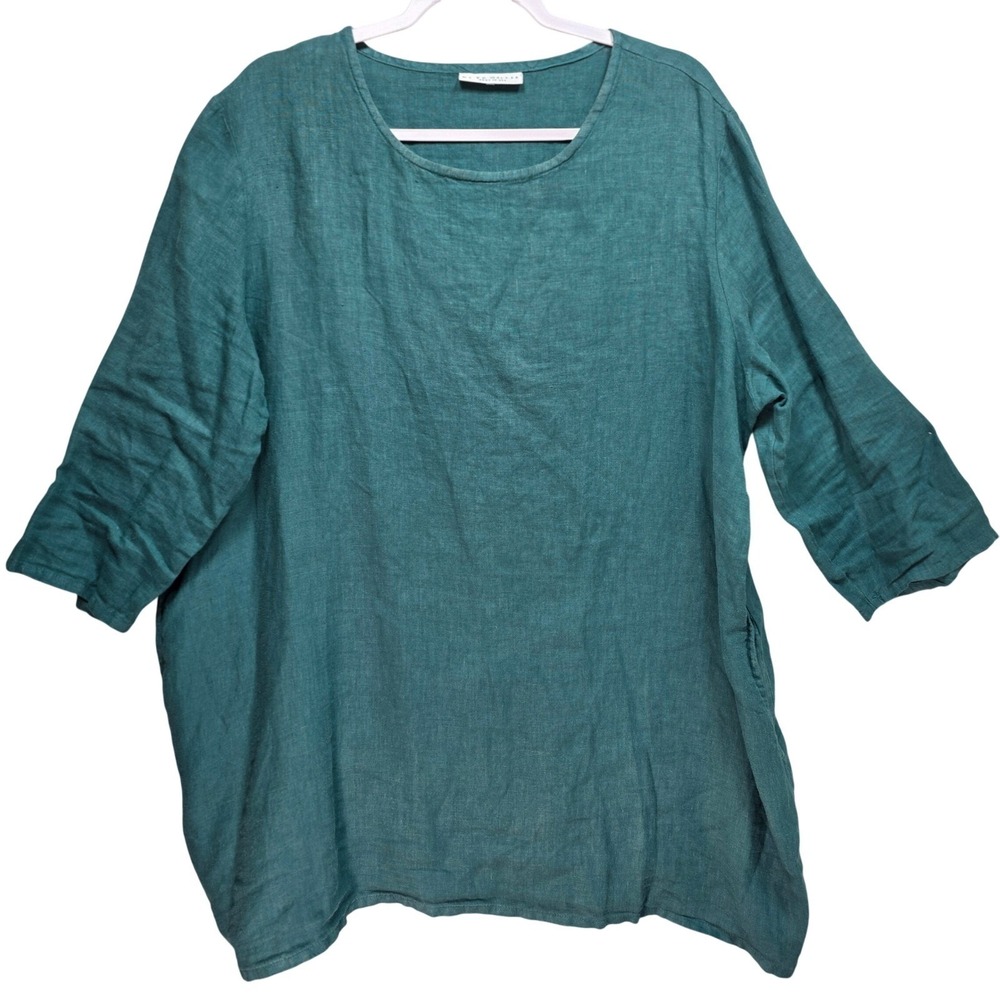 Bryn Walker All Linen Top Teal Green Oversized 3 Qtr Sleeve Pockets USA Large